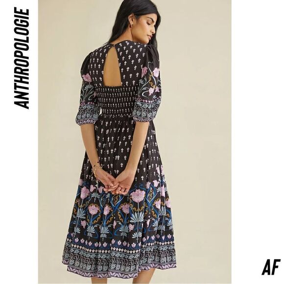 ANTHROPOLOGIE DASHA SMOCKED MIDI DRESS NWT MEDIUM BLACK COMBO - Picture 4 of 7